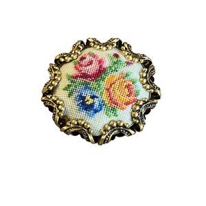 0083 Vintage 60s Multicolor Roses Petit Point Embroidery on Gold Tone Brooch EUC